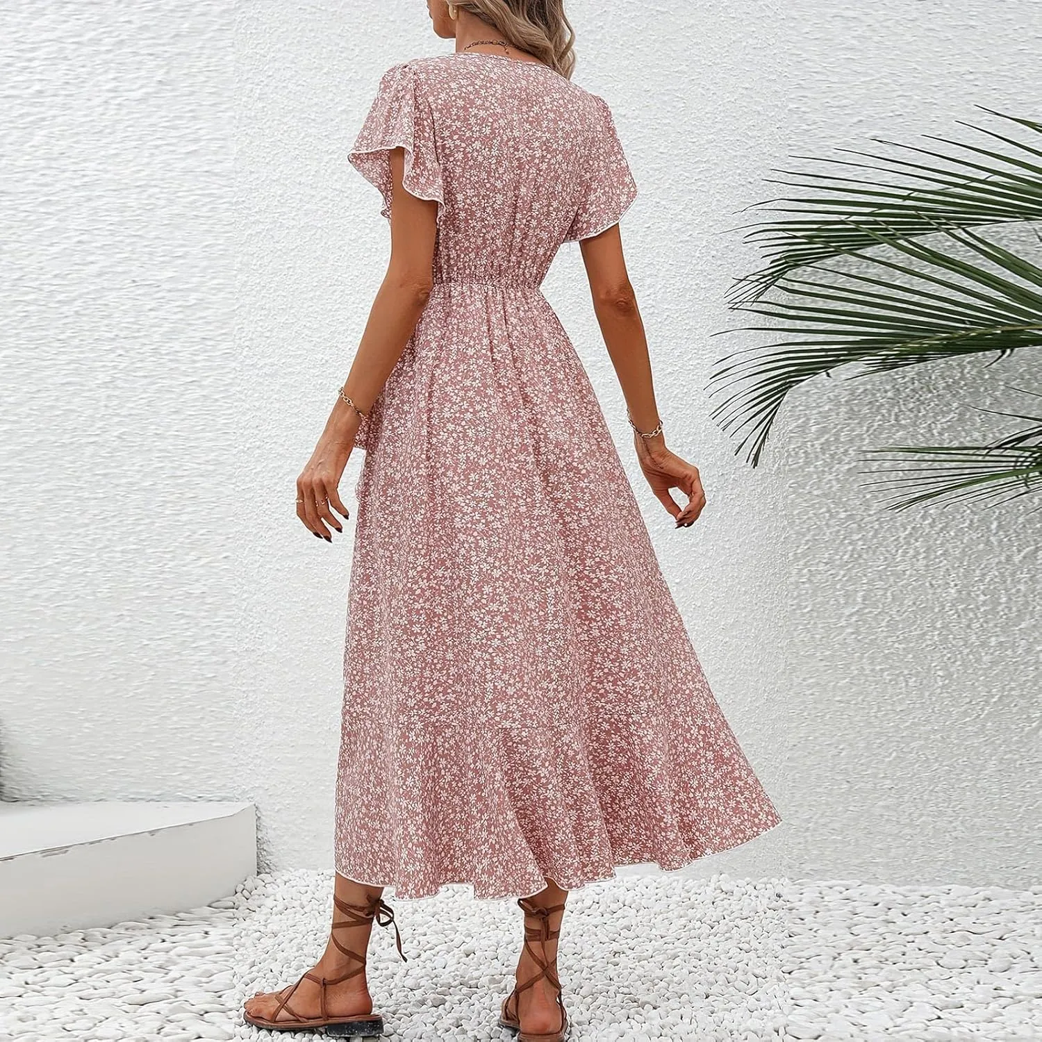 BAXLIMEK Floral Dress for Women,2025 Summer Elegant V Neck Short Sleeve Midi Dress Flowy Ruffle Irregular Hem Boho Sundress