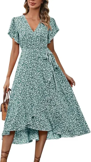 BAXLIMEK Floral Dress for Women,2025 Summer Elegant V Neck Short Sleeve Midi Dress Flowy Ruffle Irregular Hem Boho Sundress