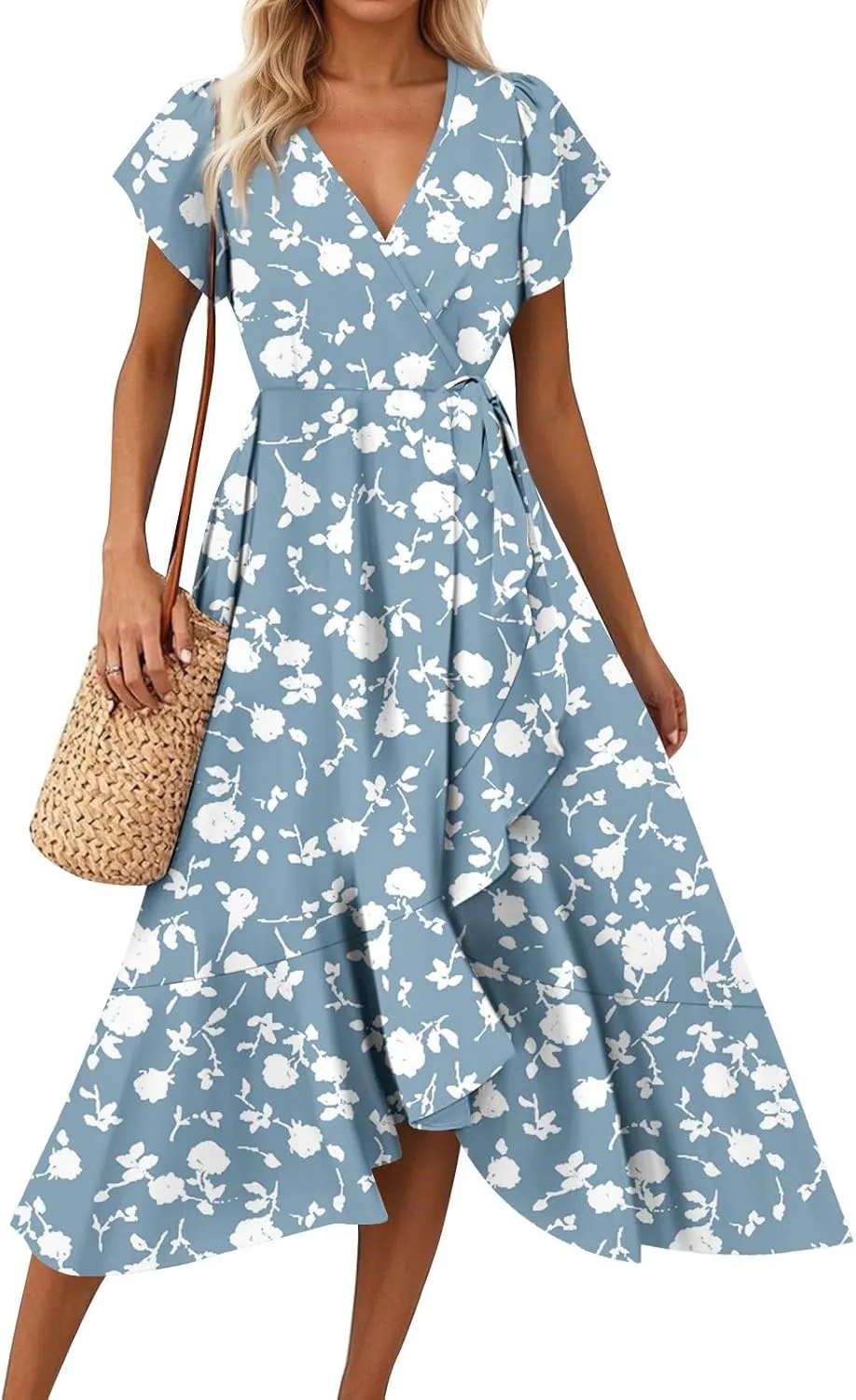 BAXLIMEK Floral Dress for Women,2025 Summer Elegant V Neck Short Sleeve Midi Dress Flowy Ruffle Irregular Hem Boho Sundress