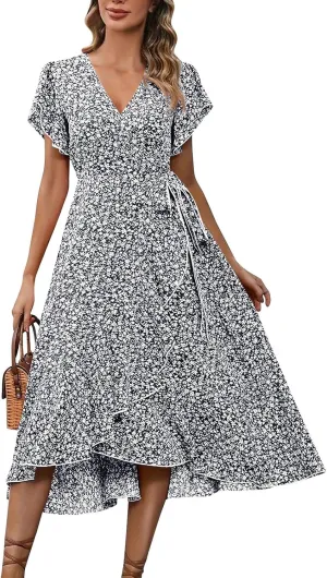 BAXLIMEK Floral Dress for Women,2025 Summer Elegant V Neck Short Sleeve Midi Dress Flowy Ruffle Irregular Hem Boho Sundress