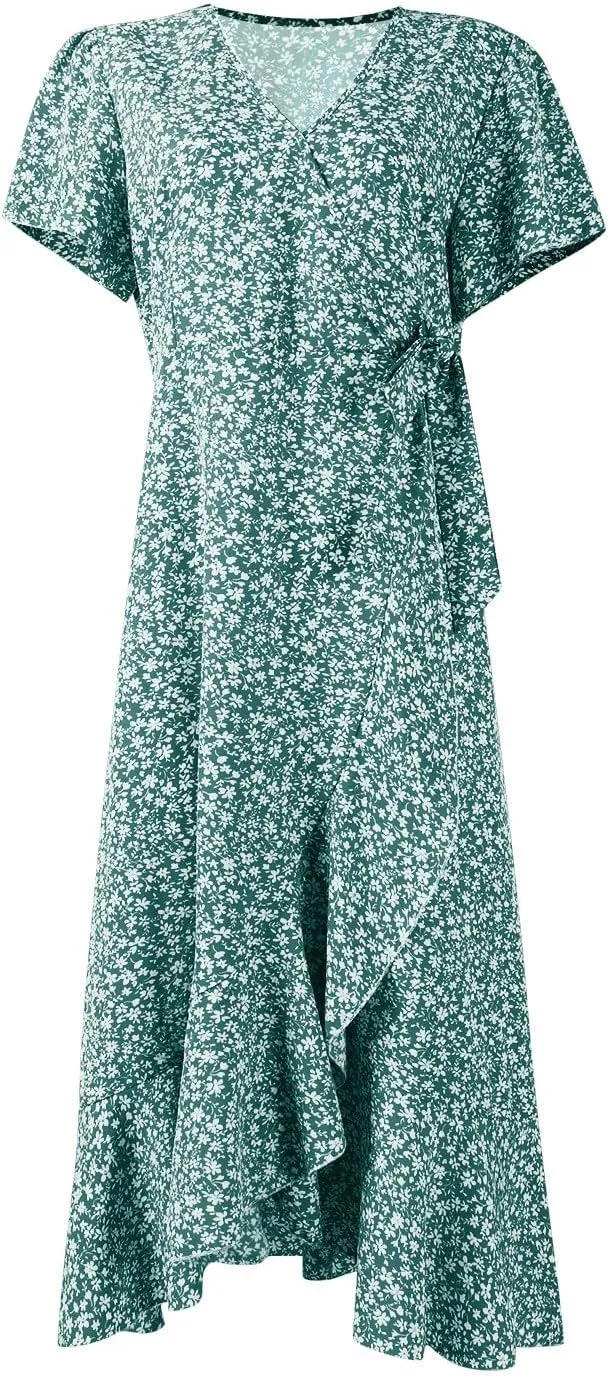 BAXLIMEK Floral Dress for Women,2025 Summer Elegant V Neck Short Sleeve Midi Dress Flowy Ruffle Irregular Hem Boho Sundress
