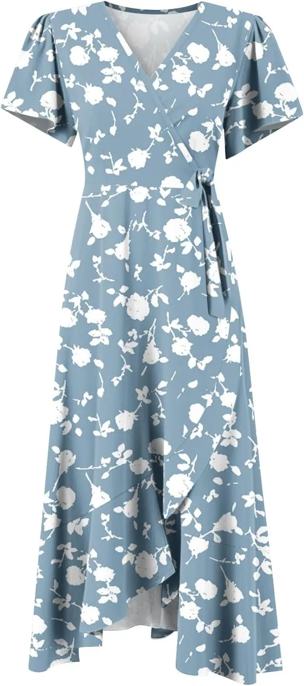 BAXLIMEK Floral Dress for Women,2025 Summer Elegant V Neck Short Sleeve Midi Dress Flowy Ruffle Irregular Hem Boho Sundress