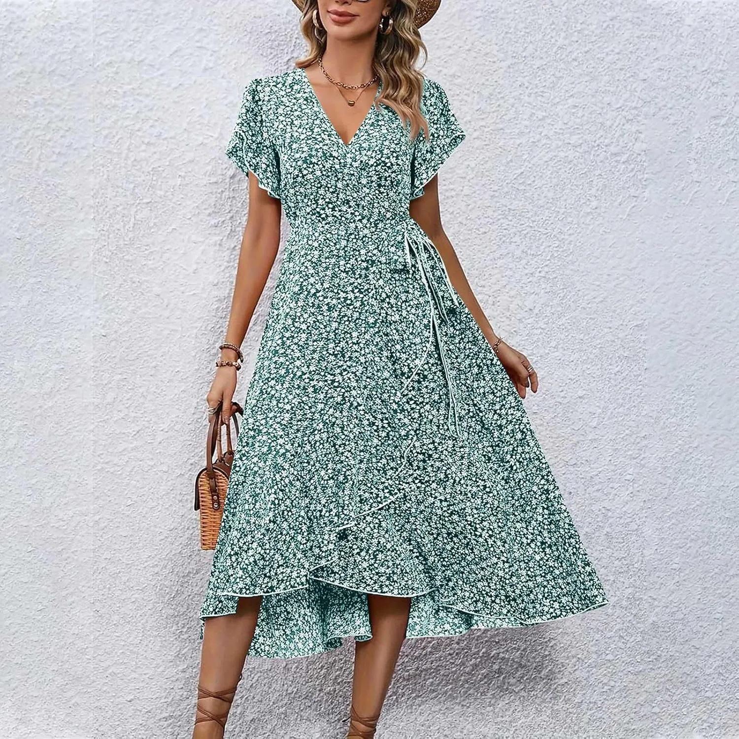 BAXLIMEK Floral Dress for Women,2025 Summer Elegant V Neck Short Sleeve Midi Dress Flowy Ruffle Irregular Hem Boho Sundress