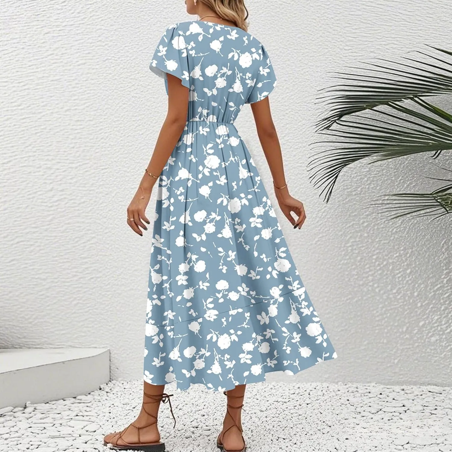 BAXLIMEK Floral Dress for Women,2025 Summer Elegant V Neck Short Sleeve Midi Dress Flowy Ruffle Irregular Hem Boho Sundress