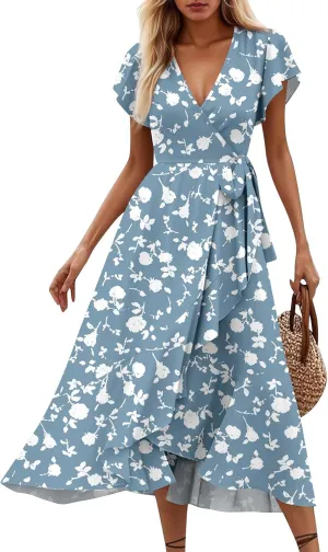 BAXLIMEK Floral Dress for Women,2025 Summer Elegant V Neck Short Sleeve Midi Dress Flowy Ruffle Irregular Hem Boho Sundress