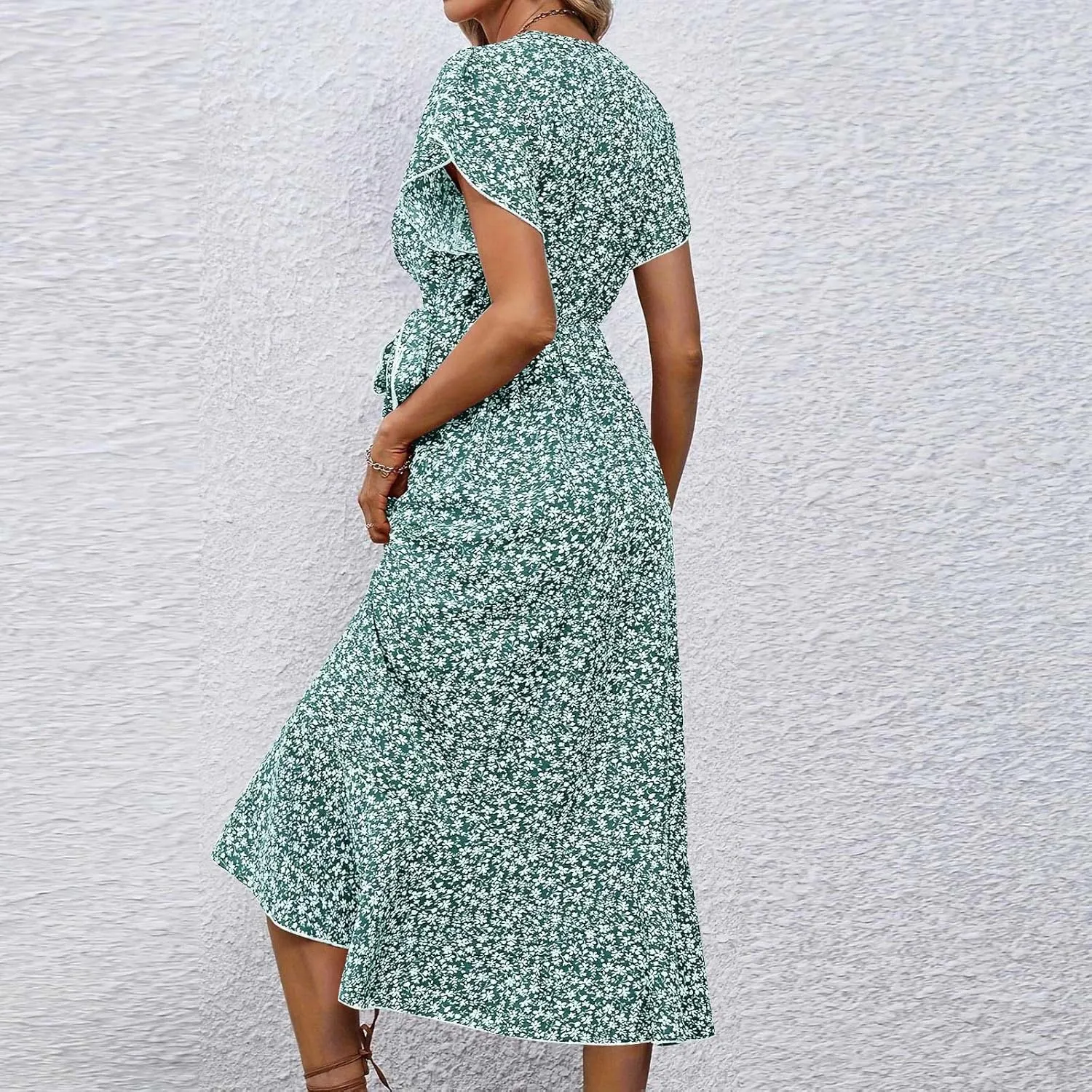 BAXLIMEK Floral Dress for Women,2025 Summer Elegant V Neck Short Sleeve Midi Dress Flowy Ruffle Irregular Hem Boho Sundress