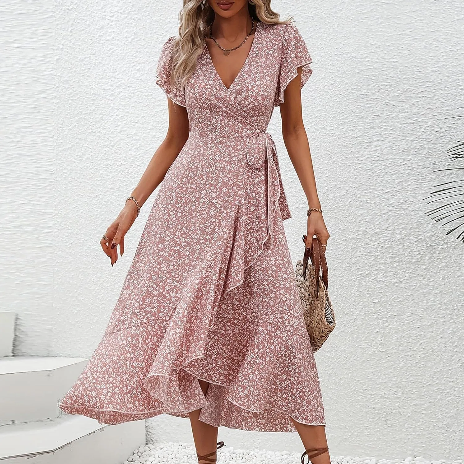 BAXLIMEK Floral Dress for Women,2025 Summer Elegant V Neck Short Sleeve Midi Dress Flowy Ruffle Irregular Hem Boho Sundress