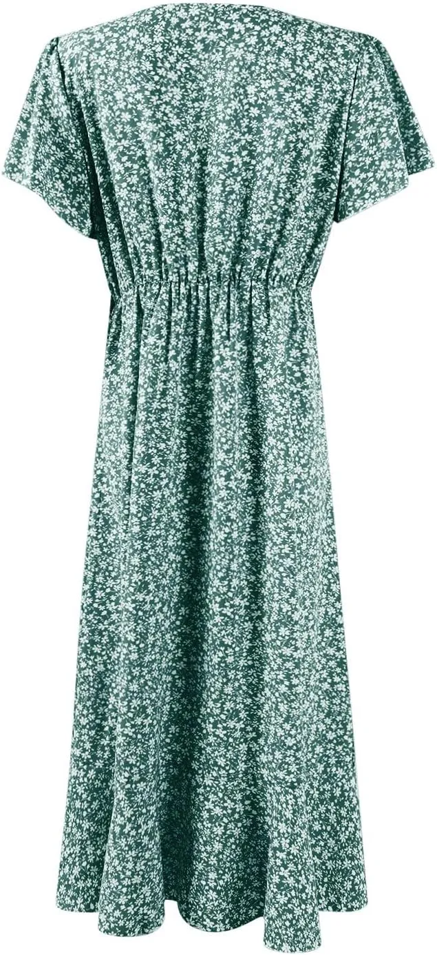 BAXLIMEK Floral Dress for Women,2025 Summer Elegant V Neck Short Sleeve Midi Dress Flowy Ruffle Irregular Hem Boho Sundress
