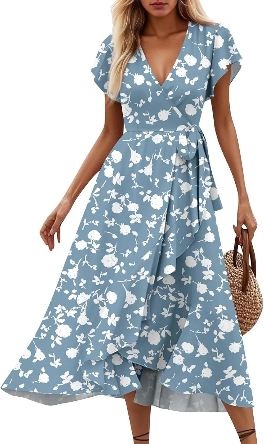 BAXLIMEK Floral Dress for Women,2025 Summer Elegant V Neck Short Sleeve Midi Dress Flowy Ruffle Irregular Hem Boho Sundress