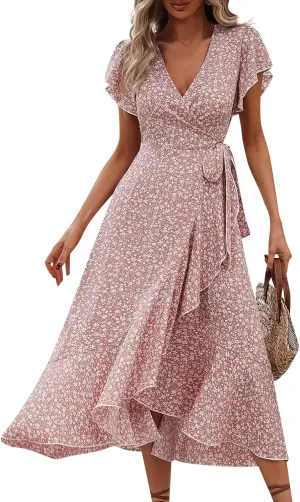 BAXLIMEK Floral Dress for Women,2025 Summer Elegant V Neck Short Sleeve Midi Dress Flowy Ruffle Irregular Hem Boho Sundress