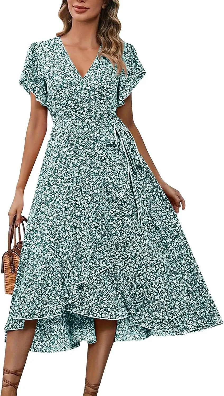 BAXLIMEK Floral Dress for Women,2025 Summer Elegant V Neck Short Sleeve Midi Dress Flowy Ruffle Irregular Hem Boho Sundress