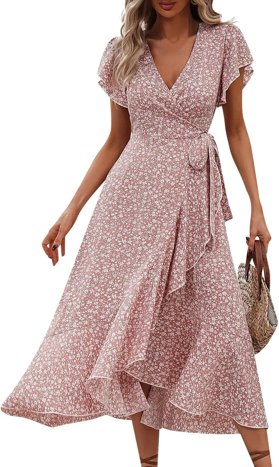 BAXLIMEK Floral Dress for Women,2025 Summer Elegant V Neck Short Sleeve Midi Dress Flowy Ruffle Irregular Hem Boho Sundress