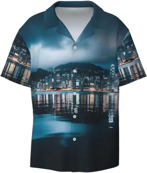Beautiful City Night View Print Hawaiian Shirt for Men Summer Beach Casual Short Sleeve Button Down Shirts