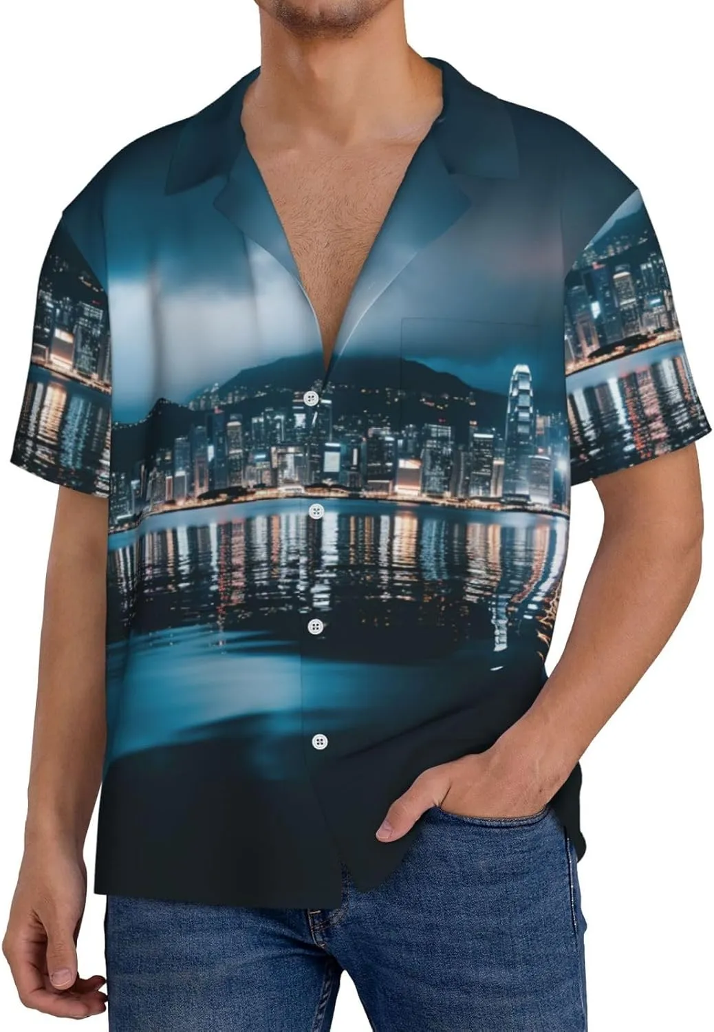 Beautiful City Night View Print Hawaiian Shirt for Men Summer Beach Casual Short Sleeve Button Down Shirts