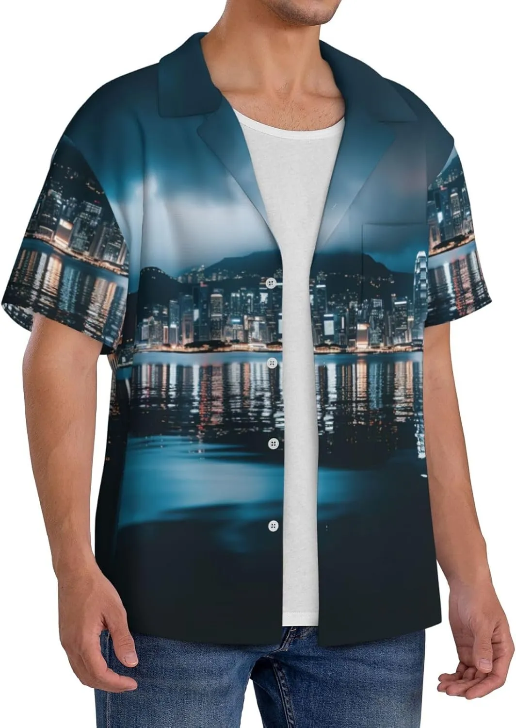 Beautiful City Night View Print Hawaiian Shirt for Men Summer Beach Casual Short Sleeve Button Down Shirts