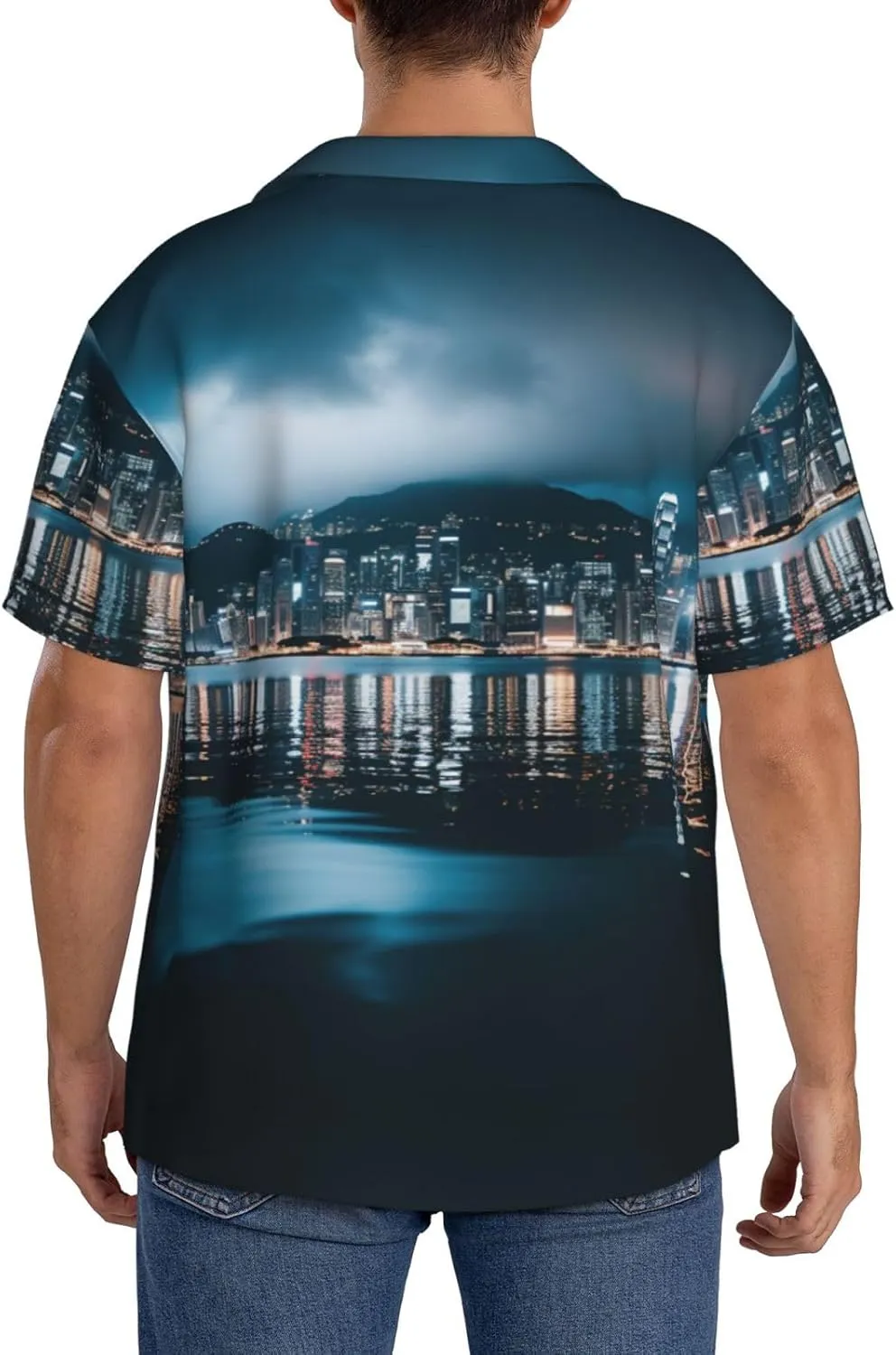Beautiful City Night View Print Hawaiian Shirt for Men Summer Beach Casual Short Sleeve Button Down Shirts