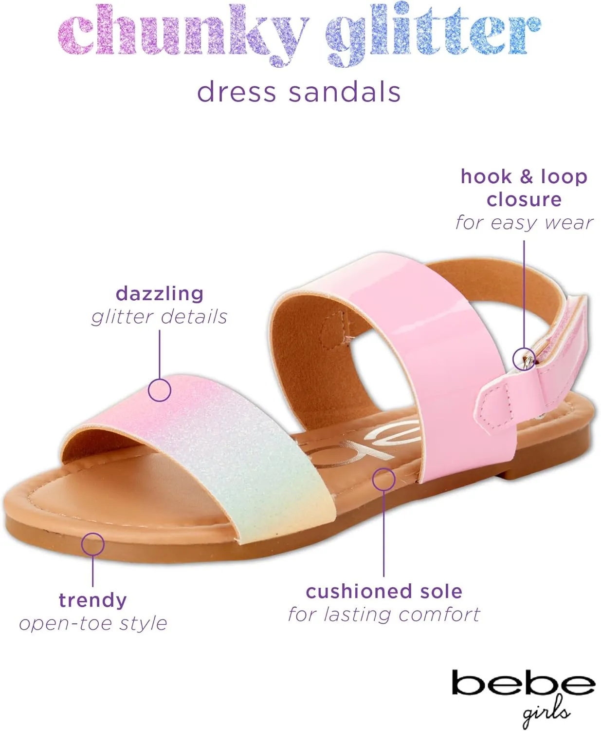 bebe Girls Sandals - Big girl and Toddler Girl Sandals with Durable Leather and Glitter Straps, Summer Dress Shoes for Girls