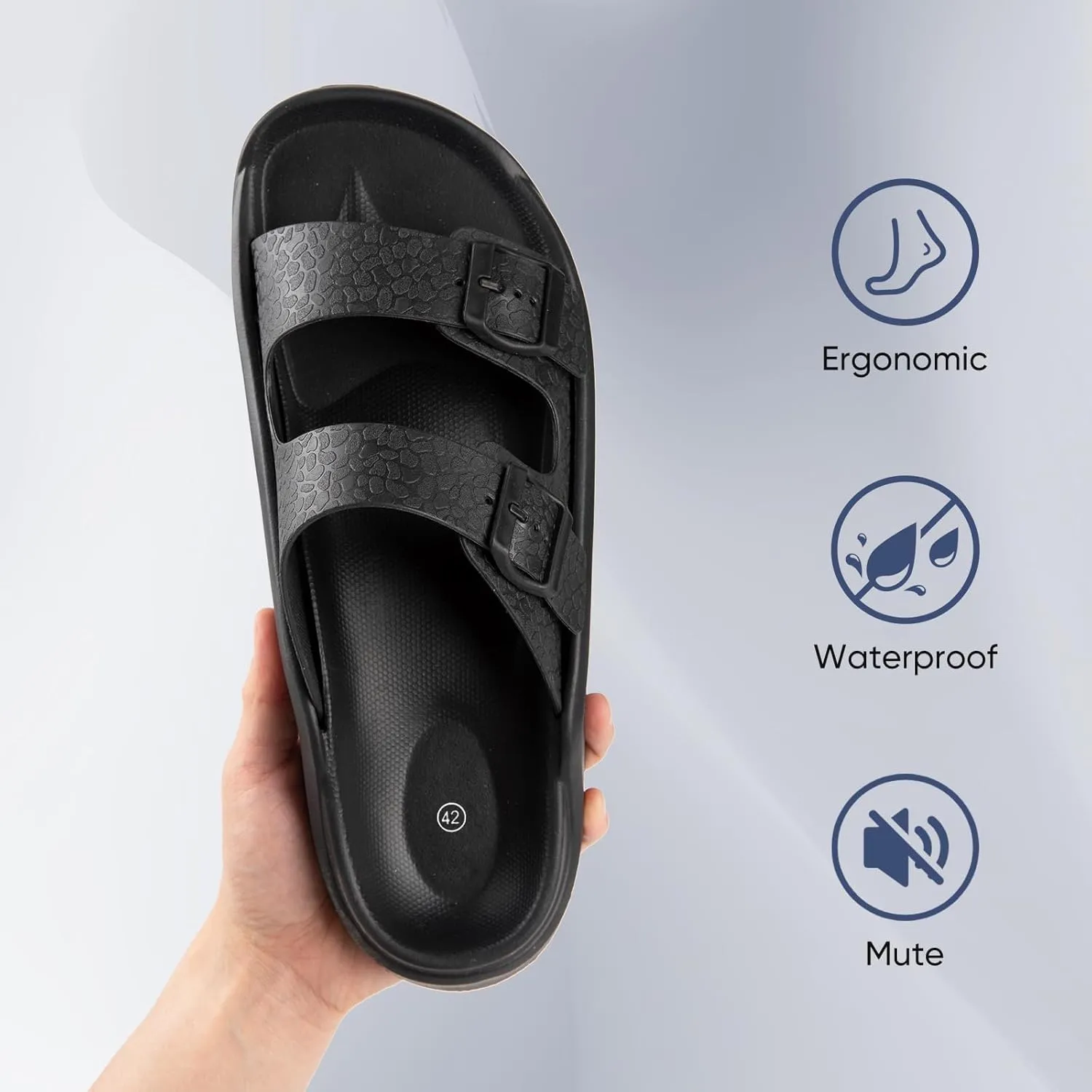 Black Sandals Men - Double Buckle Sandals for Women - Comfortable EVA Walking Sandals - Slip-on Adjustable Sandalias Para Hombres(8-12.5Men/9-13.5Women)