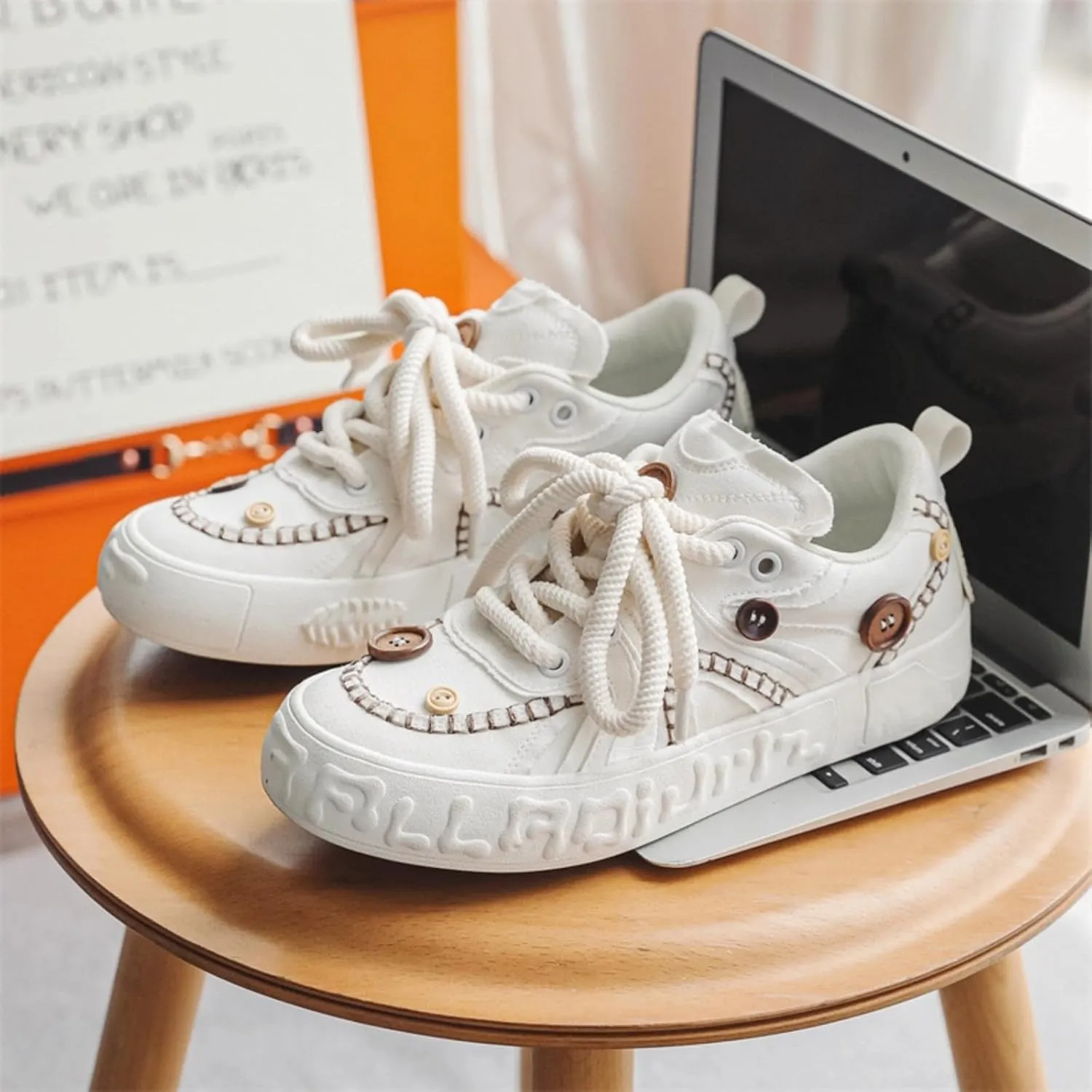 Black White Vintage Button Couple Shoes Canvas Chunky Platform Sneakers Women Fashion Aesthetic Walking Shoes