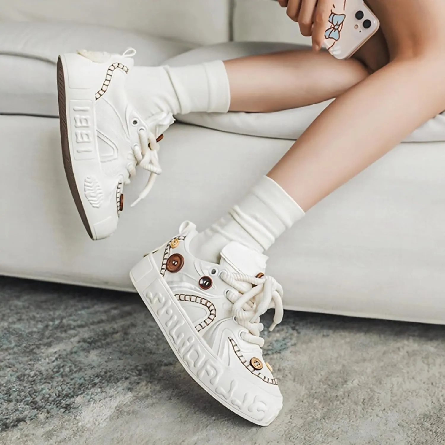 Black White Vintage Button Couple Shoes Canvas Chunky Platform Sneakers Women Fashion Aesthetic Walking Shoes