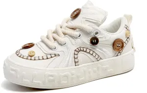 Black White Vintage Button Couple Shoes Canvas Chunky Platform Sneakers Women Fashion Aesthetic Walking Shoes