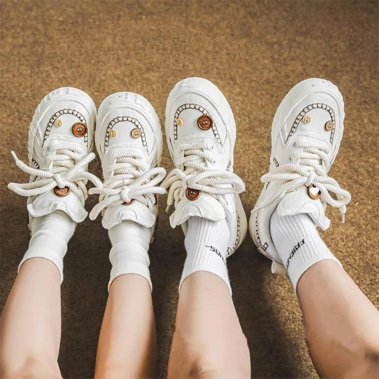 Black White Vintage Button Couple Shoes Canvas Chunky Platform Sneakers Women Fashion Aesthetic Walking Shoes
