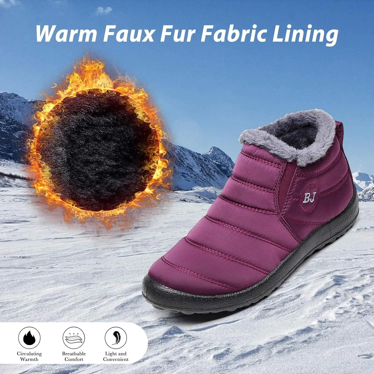 Boojoy Winter Boots, Winter Warm Booties Fur Lined Anti-Slip Ankle Outdoor Slip On Waterproof Booties Comfortable Warm
