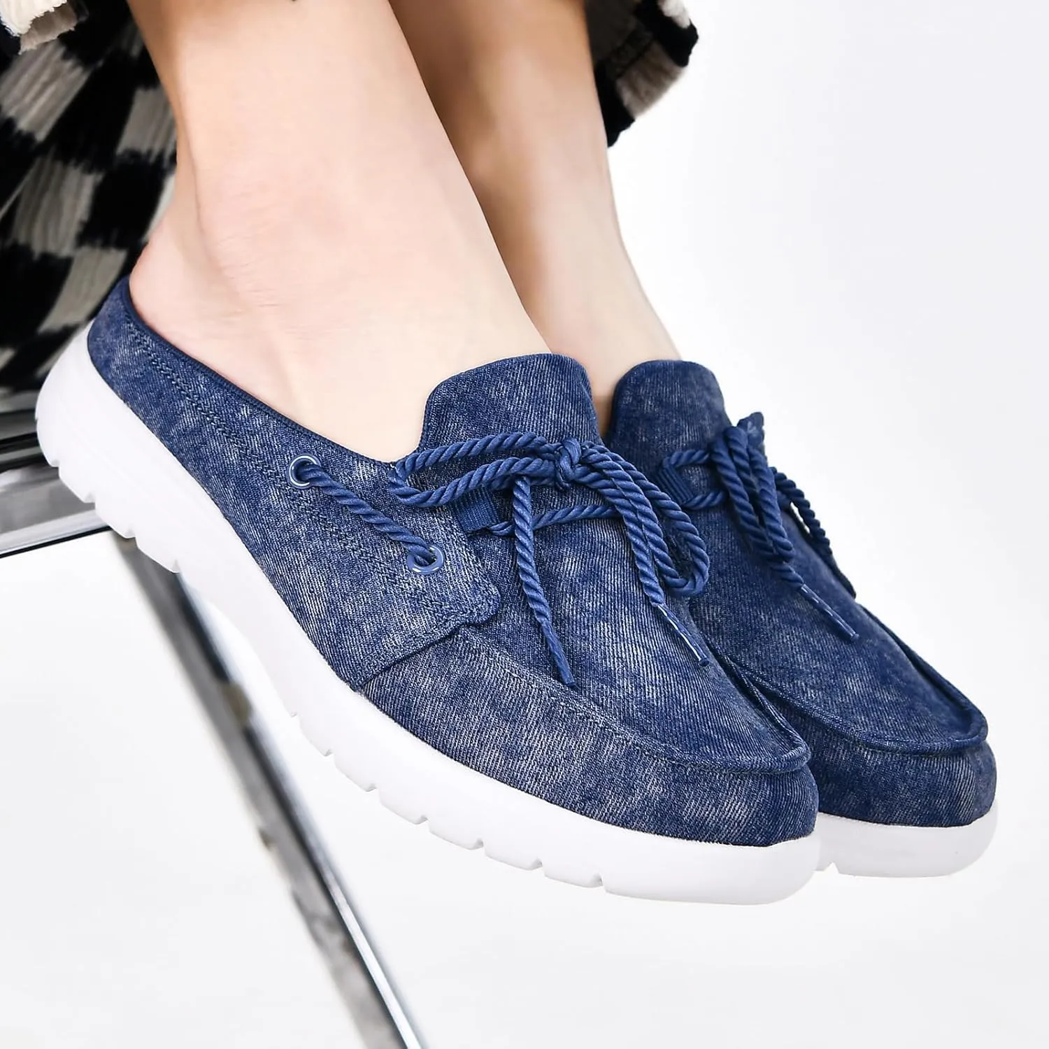 Buyrew Mules for Women Slip on Shoes Comfortable Knit Canvas Walking Flats with Arch Support Breathable Clogs House Slippers