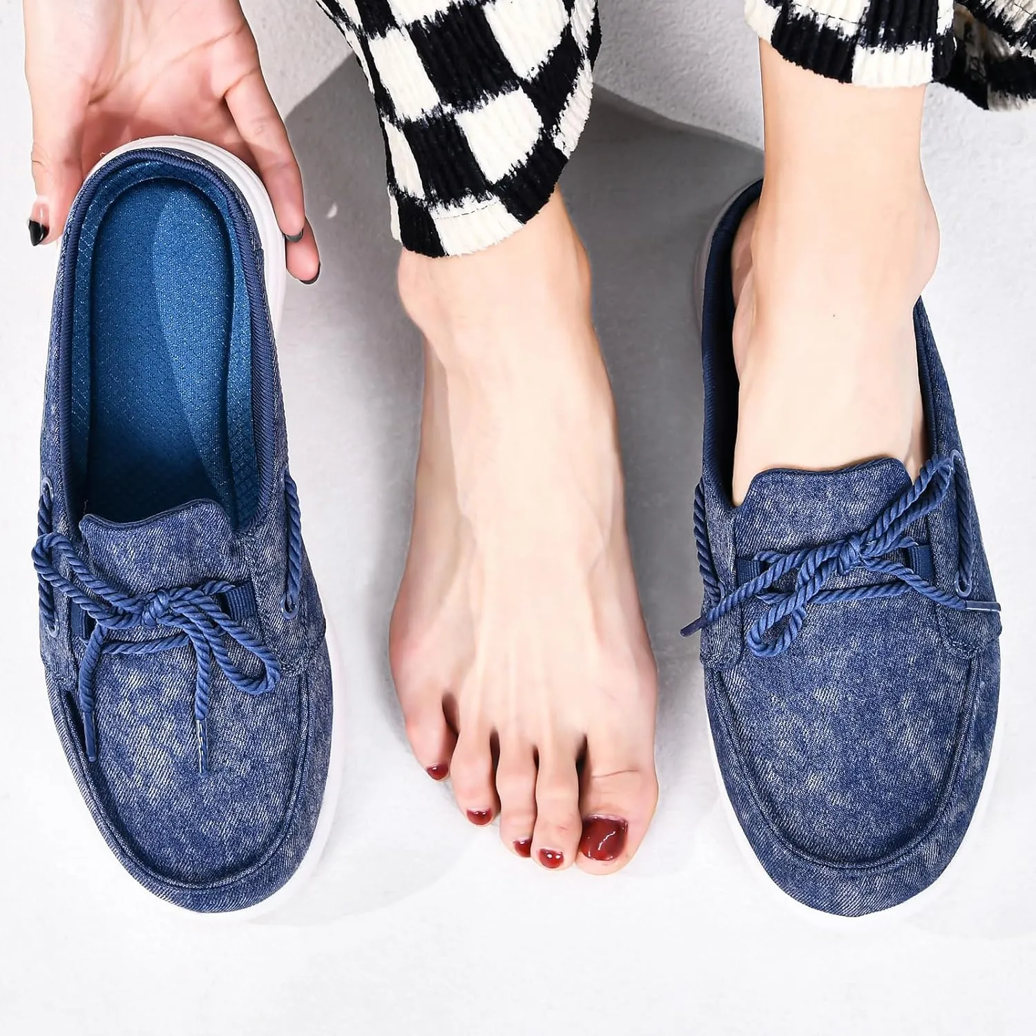 Buyrew Mules for Women Slip on Shoes Comfortable Knit Canvas Walking Flats with Arch Support Breathable Clogs House Slippers