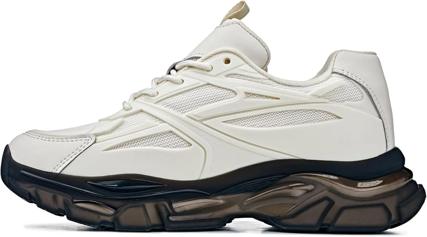 CALTO Men's Invisible Height Increasing Elevator Shoes - Beige/Translucent Onyx Sole Chunky Sole Lace-up Sporty Sneakers - 2.6 Inches Taller - S5283 - Size 11 D(M) US
