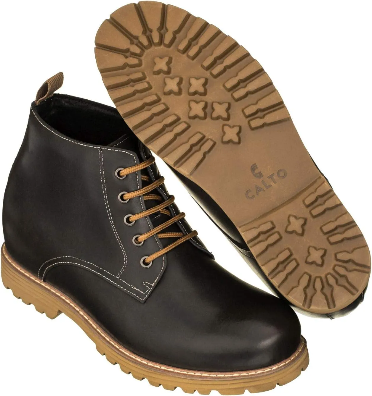 CALTO Men's Invisible Height Increasing Elevator Shoes - Black Premium Leather Lace-up Round-Toe Work Boots - 3.4 Inches Taller - S8750 - Size 9 D(M) US
