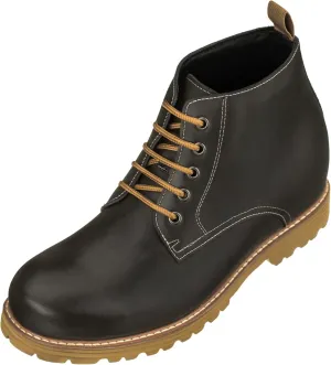 CALTO Men's Invisible Height Increasing Elevator Shoes - Black Premium Leather Lace-up Round-Toe Work Boots - 3.4 Inches Taller - S8750 - Size 9 D(M) US