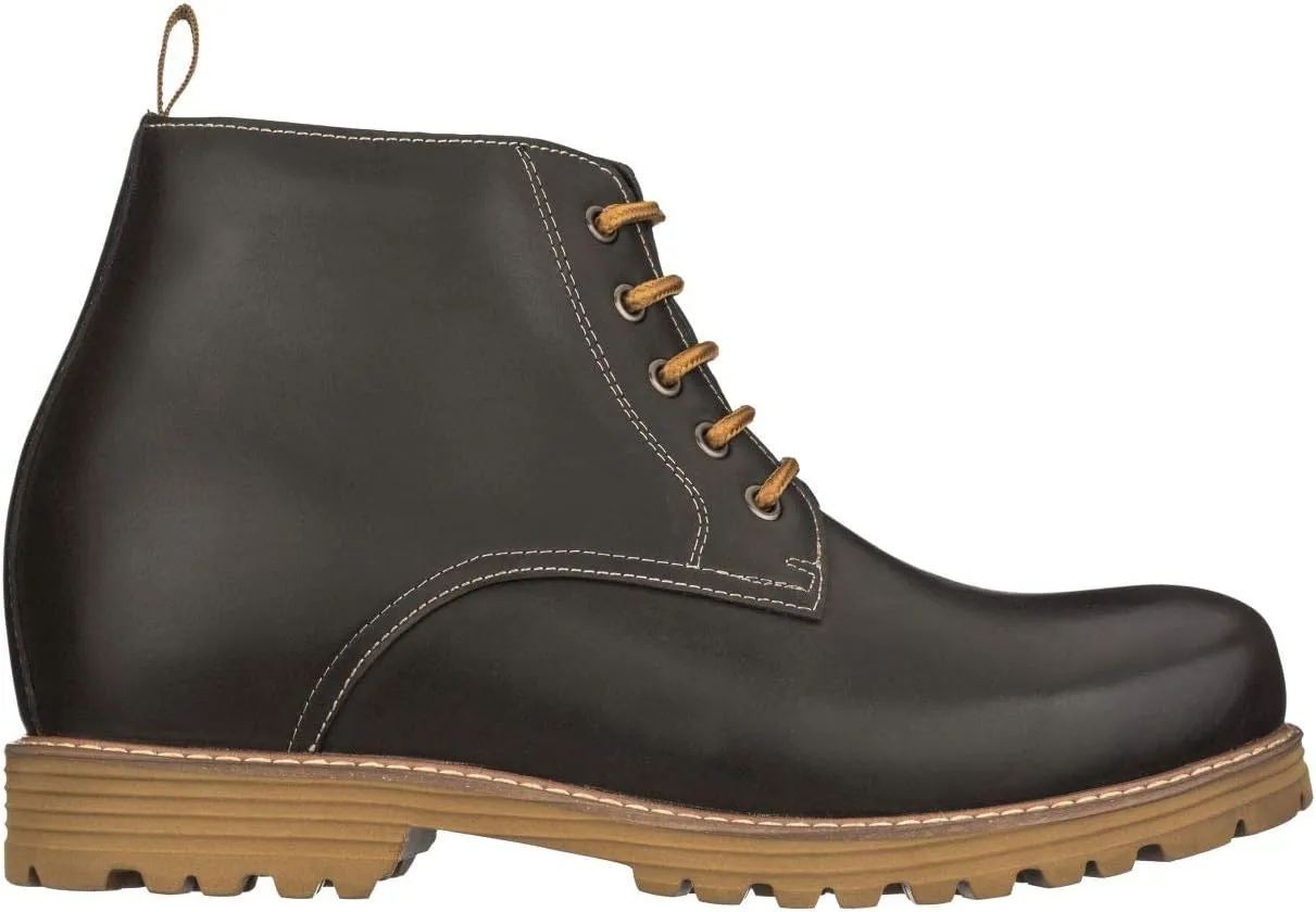 CALTO Men's Invisible Height Increasing Elevator Shoes - Black Premium Leather Lace-up Round-Toe Work Boots - 3.4 Inches Taller - S8750 - Size 9 D(M) US