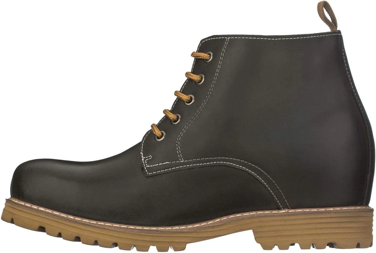 CALTO Men's Invisible Height Increasing Elevator Shoes - Black Premium Leather Lace-up Round-Toe Work Boots - 3.4 Inches Taller - S8750 - Size 9 D(M) US