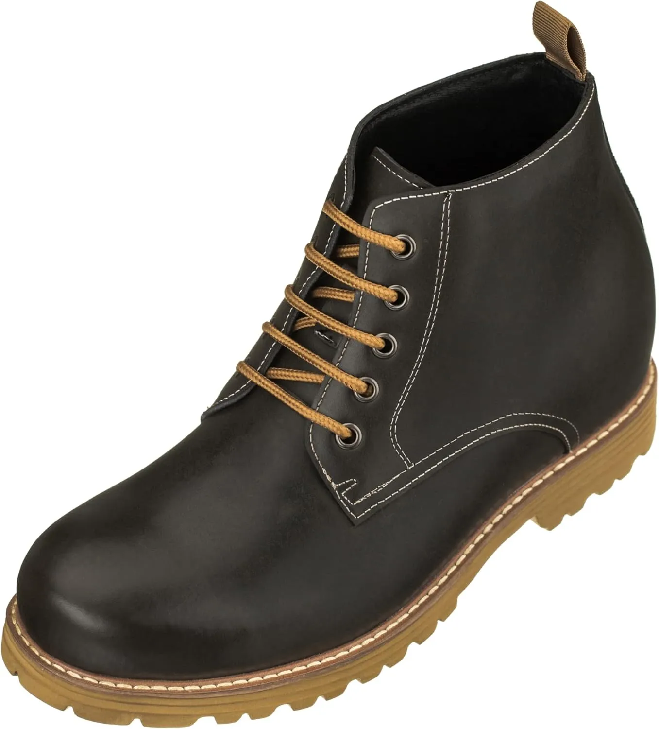 CALTO Men's Invisible Height Increasing Elevator Shoes - Black Premium Leather Lace-up Round-Toe Work Boots - 3.4 Inches Taller - S8750 - Size 9 D(M) US