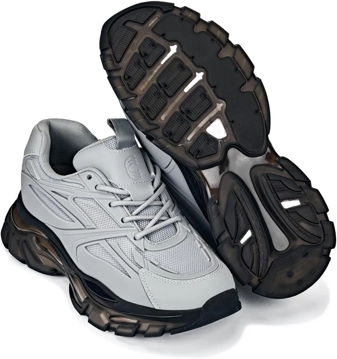 CALTO Men's Invisible Height Increasing Elevator Shoes - Cement/Translucent Onyx Sole Chunky Sole Lace-up Sporty Sneakers - 2.6 Inches Taller - S5281 - Size 12 D(M) US