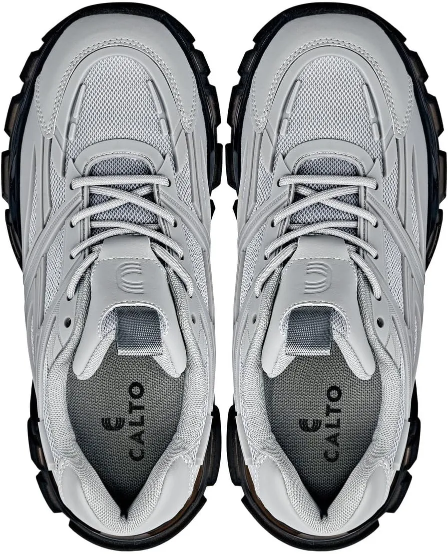 CALTO Men's Invisible Height Increasing Elevator Shoes - Cement/Translucent Onyx Sole Chunky Sole Lace-up Sporty Sneakers - 2.6 Inches Taller - S5281 - Size 12 D(M) US