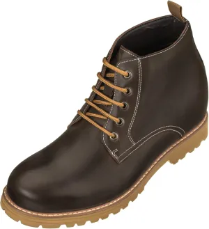 CALTO Men's Invisible Height Increasing Elevator Shoes - Dark Brown Premium Leather Lace-up Round-Toe Work Boots - 3.4 Inches Taller - S8752 - Size 9 D(M) US