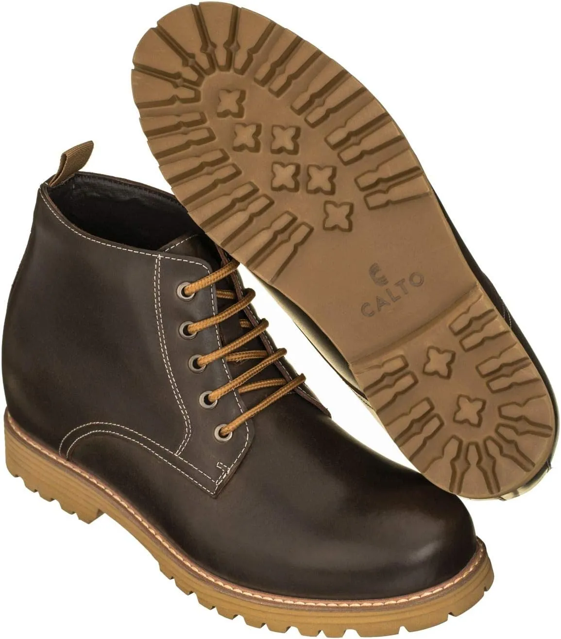 CALTO Men's Invisible Height Increasing Elevator Shoes - Dark Brown Premium Leather Lace-up Round-Toe Work Boots - 3.4 Inches Taller - S8752 - Size 9 D(M) US