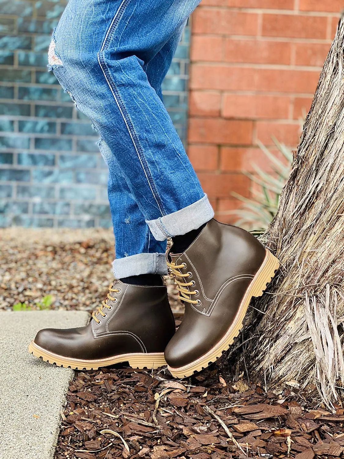 CALTO Men's Invisible Height Increasing Elevator Shoes - Dark Brown Premium Leather Lace-up Round-Toe Work Boots - 3.4 Inches Taller - S8752 - Size 9 D(M) US
