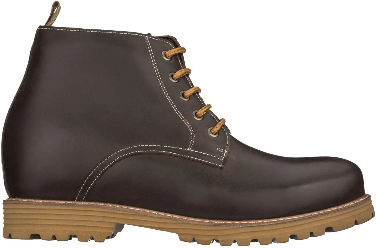 CALTO Men's Invisible Height Increasing Elevator Shoes - Dark Brown Premium Leather Lace-up Round-Toe Work Boots - 3.4 Inches Taller - S8752 - Size 9 D(M) US