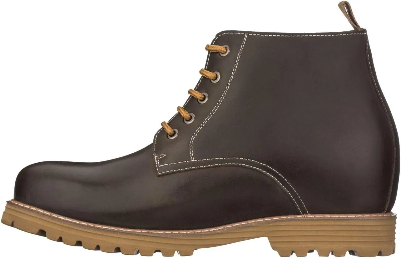 CALTO Men's Invisible Height Increasing Elevator Shoes - Dark Brown Premium Leather Lace-up Round-Toe Work Boots - 3.4 Inches Taller - S8752 - Size 9 D(M) US