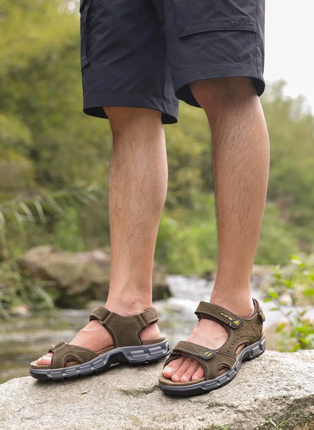 CAMEL CROWN Men's Leather Sandals Hiking Outdoor Water Beach Sports Mens Sandals for Summer with Open Toe Adjustable Straps