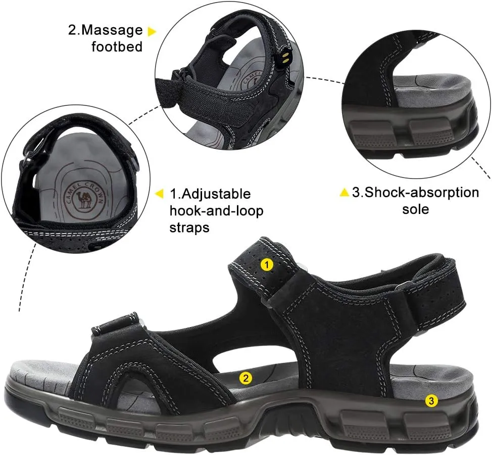 CAMEL CROWN Men's Leather Sandals Hiking Outdoor Water Beach Sports Mens Sandals for Summer with Open Toe Adjustable Straps