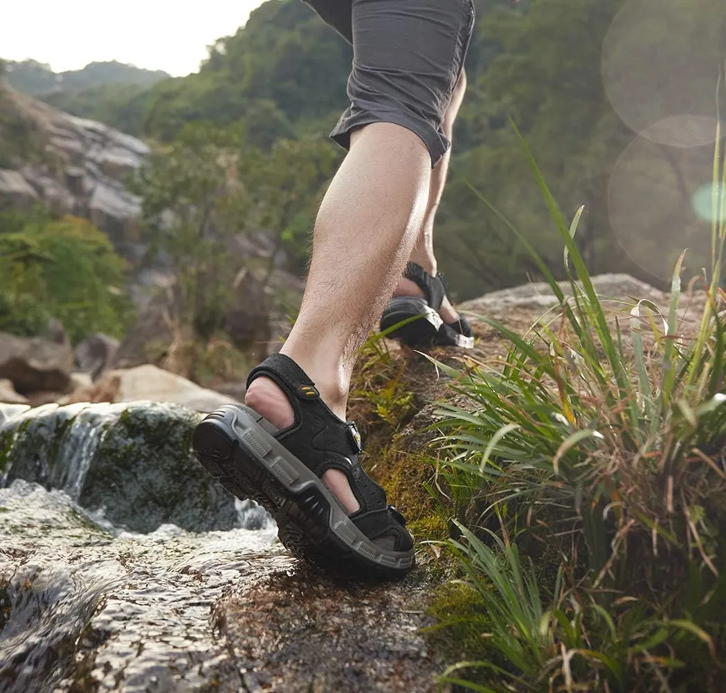 CAMEL CROWN Men's Leather Sandals Hiking Outdoor Water Beach Sports Mens Sandals for Summer with Open Toe Adjustable Straps