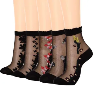 Campsis Flower Sheer Socks Black Sheer Ankle Sock Floral Lace Socks Nylon Dress Sock for Women and Girls(5 Pairs)