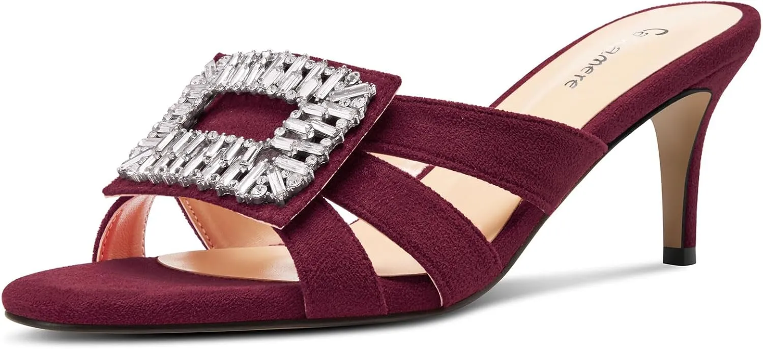 Castamere Womens Mid Heel Open Toe Slip-on Mules Shoes Sandals Rhinestone Crystal Gladiator Wedding Prom Casual 2.6 Inches Heels
