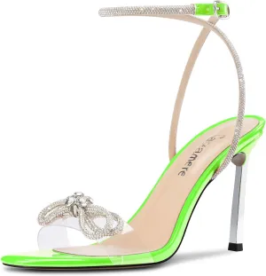 Castamere Womens Stiletto High Heel Open Toe Ankle Strap Rhinestone Crystal Bow-knot Sandals Prom Summer Clear 3.9 Inches Heels