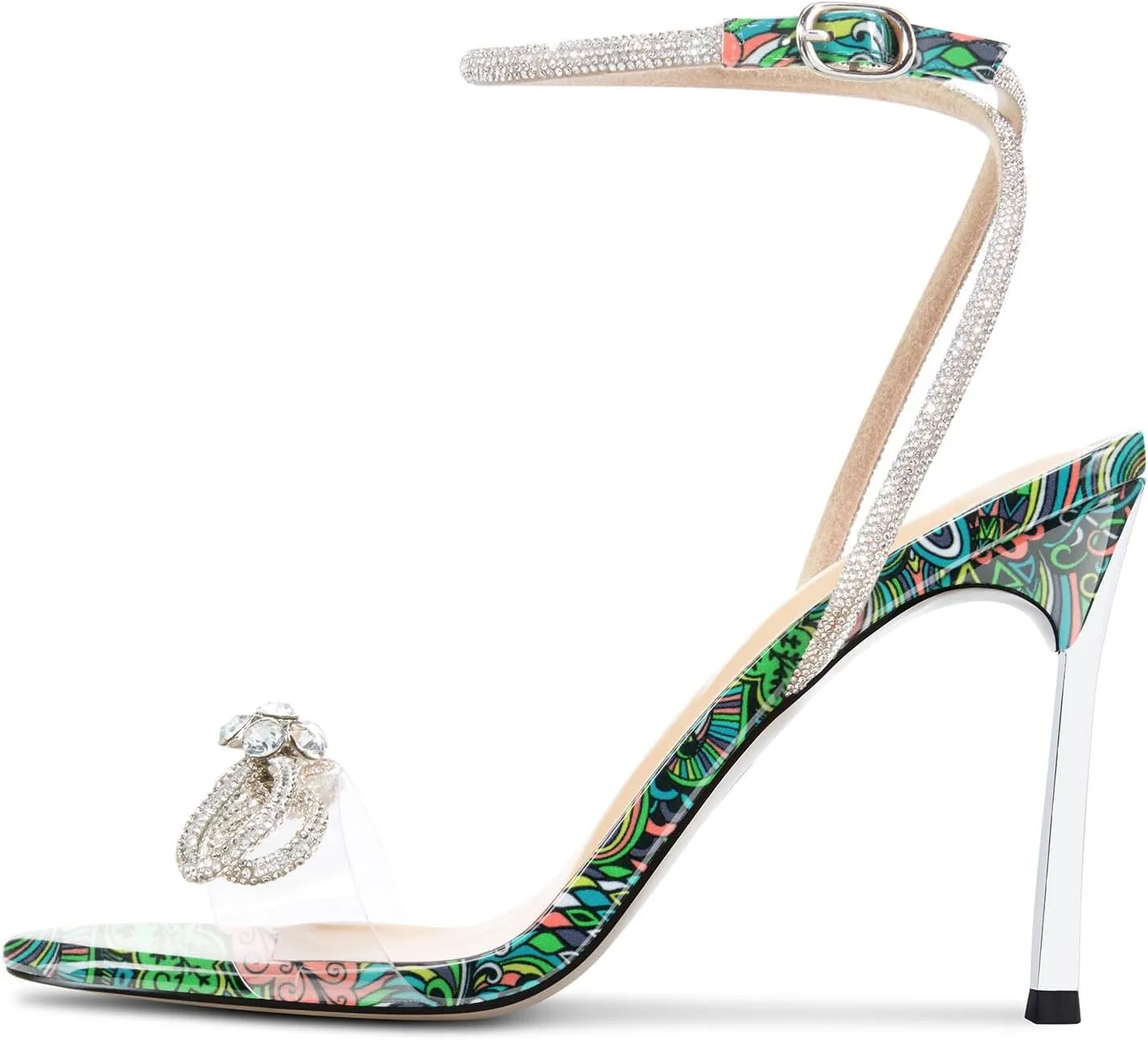 Castamere Womens Stiletto High Heel Open Toe Ankle Strap Rhinestone Crystal Bow-knot Sandals Prom Summer Clear 3.9 Inches Heels