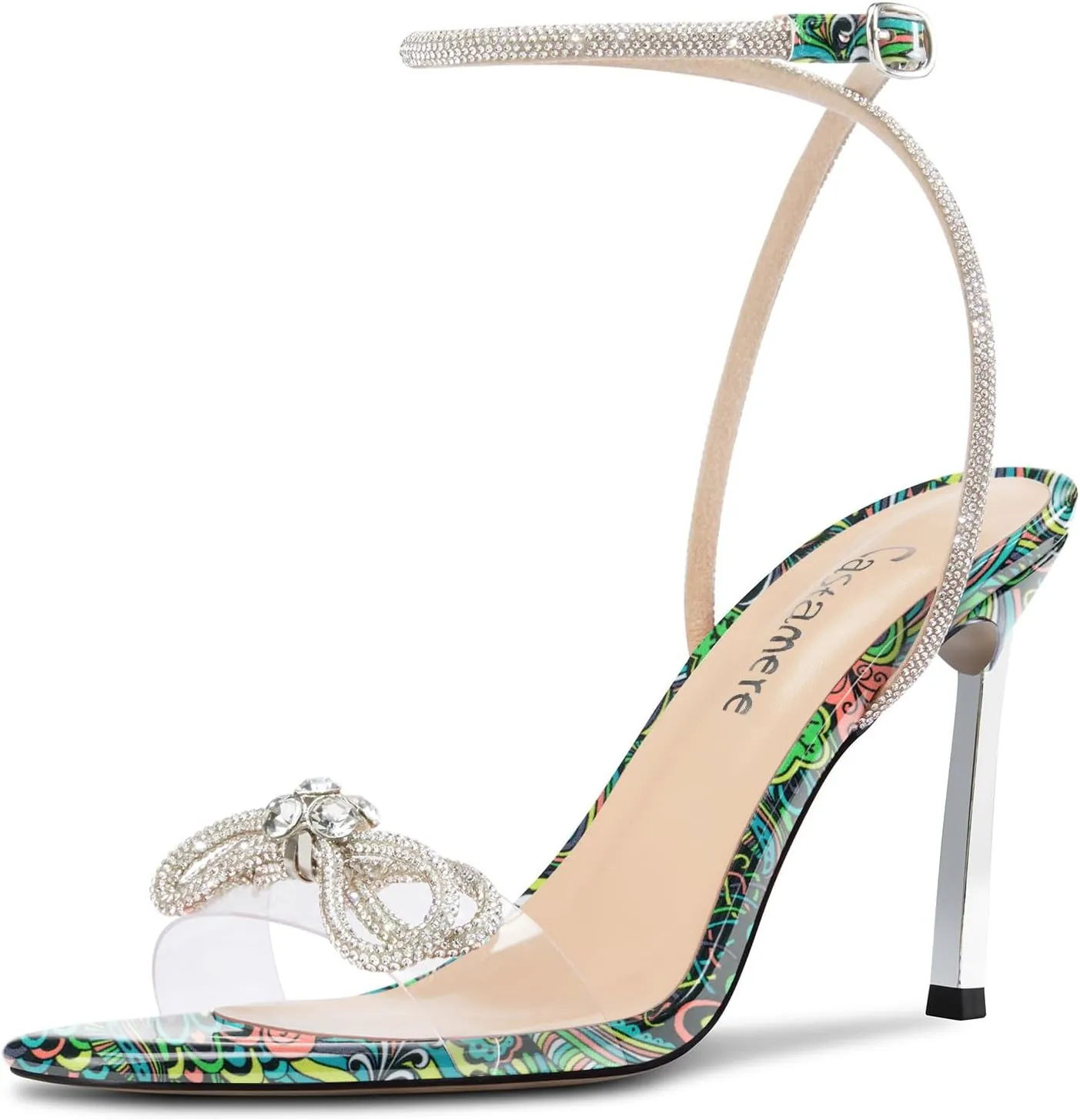 Castamere Womens Stiletto High Heel Open Toe Ankle Strap Rhinestone Crystal Bow-knot Sandals Prom Summer Clear 3.9 Inches Heels